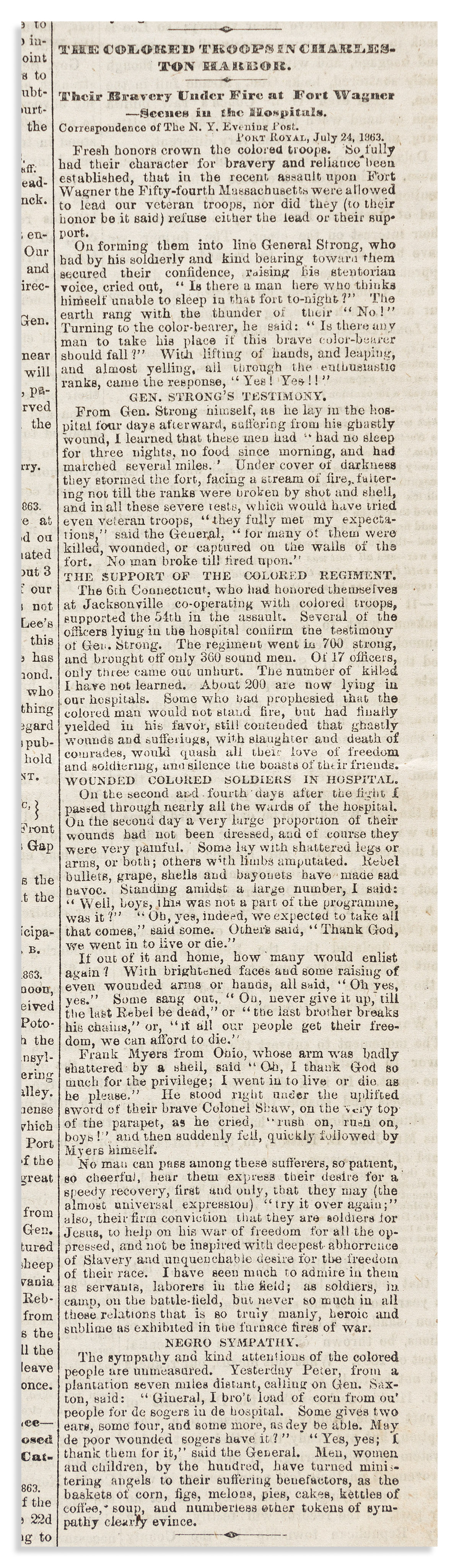 (CIVIL WAR--COLORED TROOPS.) Report on the Battle of Fort Wagner in the New-York Tribune.